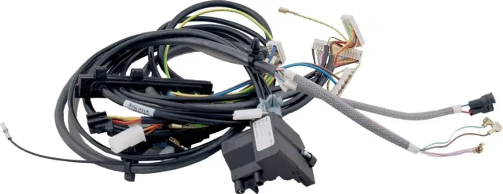 Kabelsatz von Wolf mit mehreren Leitungen und Steckverbindungen für elektrische Anbindungen. Darstellung umfasst diverse Farben und Anschlussmöglichkeiten.